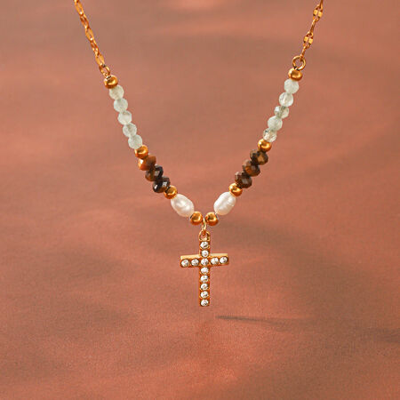 Cross Stainless Steel Waterproof Gold Color Zircon Women's Beaded Necklaces