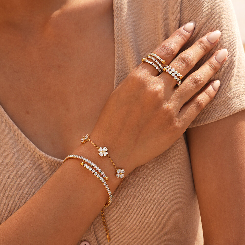 Simple Series Daily Irregular Shape Stainless Steel Waterproof Gold Color Zircon Ring Sets Picture2