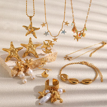 Vacation Oceanic Style Starfish Stainless Steel Waterproof Gold Color Rhinestone Pearl Women's Necklaces Sets