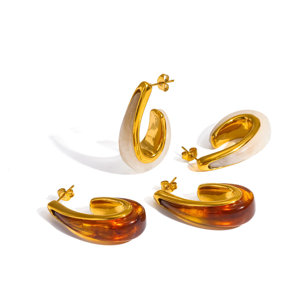 Retro-Ohrstecker in C-Form aus Edelstahl, wasserdicht, goldfarben, aus Acryl, für Damen h5 Bild4