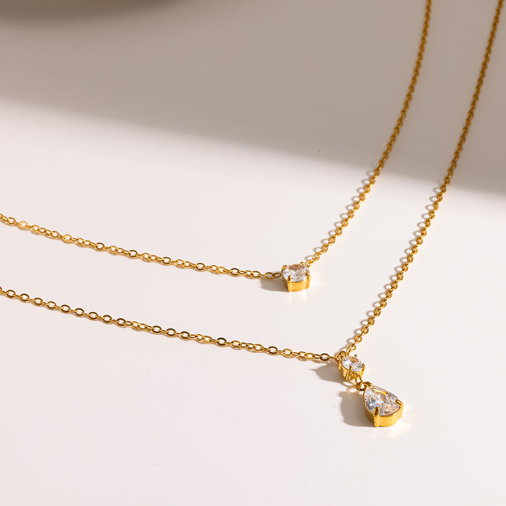 Elegant Droplet Shape Stainless Steel Waterproof Gold Color Zircon Women's Layered Necklaces Picture4