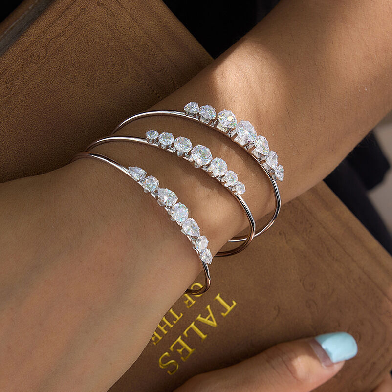 Luxurious  Droplet Heart Stainless Steel Waterproof Zircon Women's Cuff Bracelets h5 Picture2