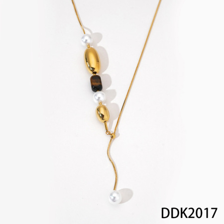 Collares de cuentas para mujer de acero inoxidable, impermeables, color dorado, con perlas y piedras naturales, estilo retro.
