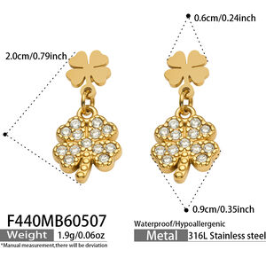 Clover Stainless Steel Waterproof Gold Color Rhinestone Women's Drop Earrings h5