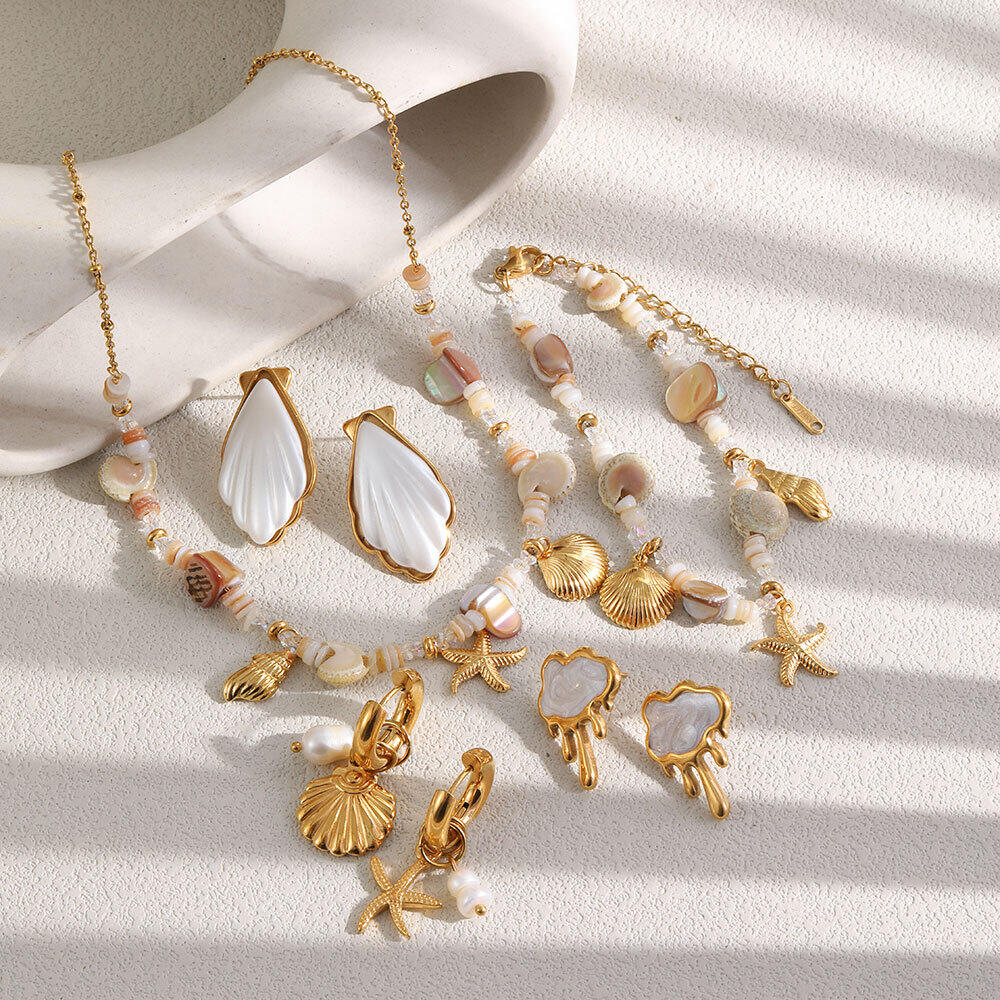 Oceanic Style Shell Starfish Stainless Steel Waterproof Gold Color Women's Necklaces Sets