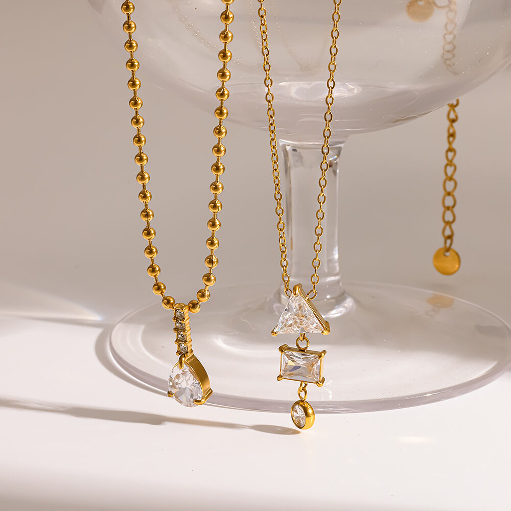 Retro Droplet Patchwork Geometric Shape Stainless Steel Waterproof Gold Color Zircon Women's Pendant Necklaces Picture4