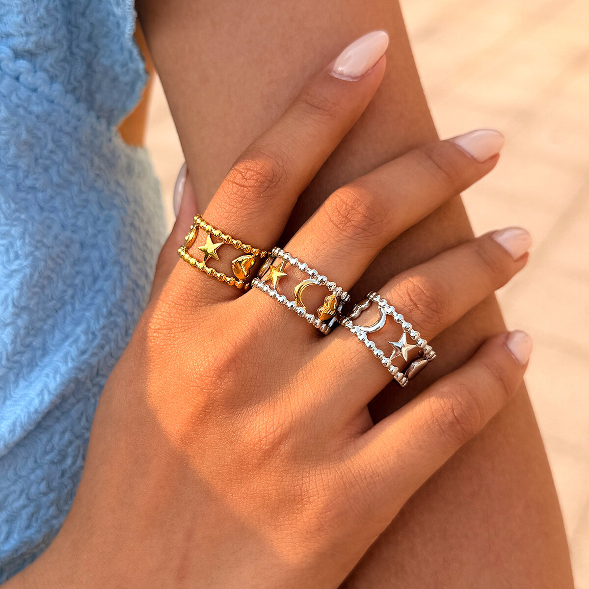Simple Series Daily Star Moon Stainless Steel Waterproof   Gold Color  Ring Sets h5 Picture2