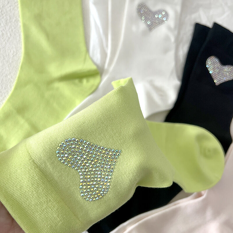 Basic Solid Color Heart Hot Rhinestones Mid-Calf Socks Picture3