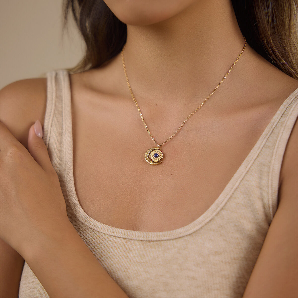Retro Sun Moon Stainless Steel Waterproof Gold Color Natural Stone Women's Pendant Necklaces Picture3