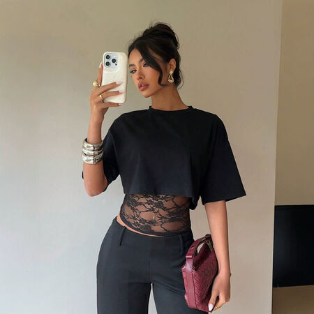 Lace Spliced Slim - Fit Hollow Out Sexy Short Sleeve Tops