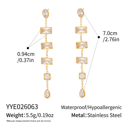 Tassel Stainless Steel Waterproof Gold Color Zircon Women's Dangle Earrings