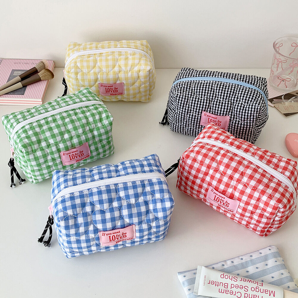 Simple Series Sweet Heart Plaid Mixed Color Polyester Makeup Bags