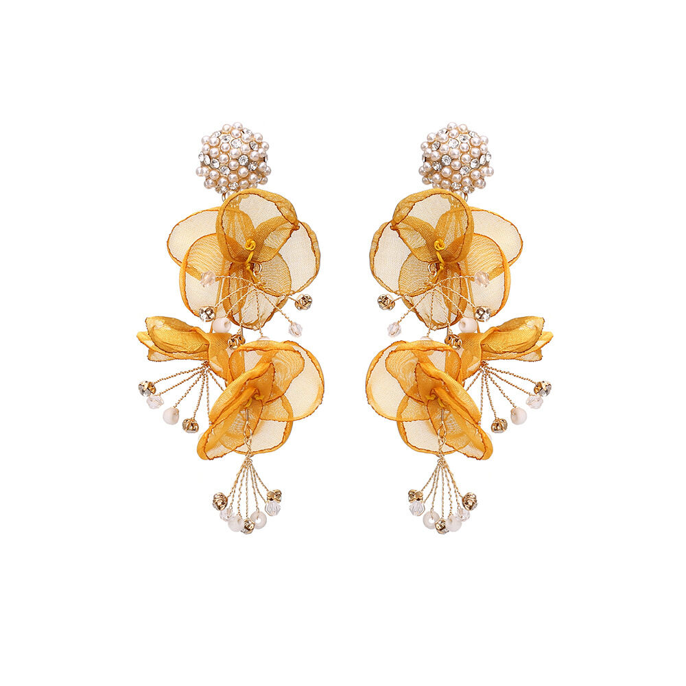Romantic Series Sweet Flower Fabric Rhinestone Artificial Pearl Women's Dangle Earrings