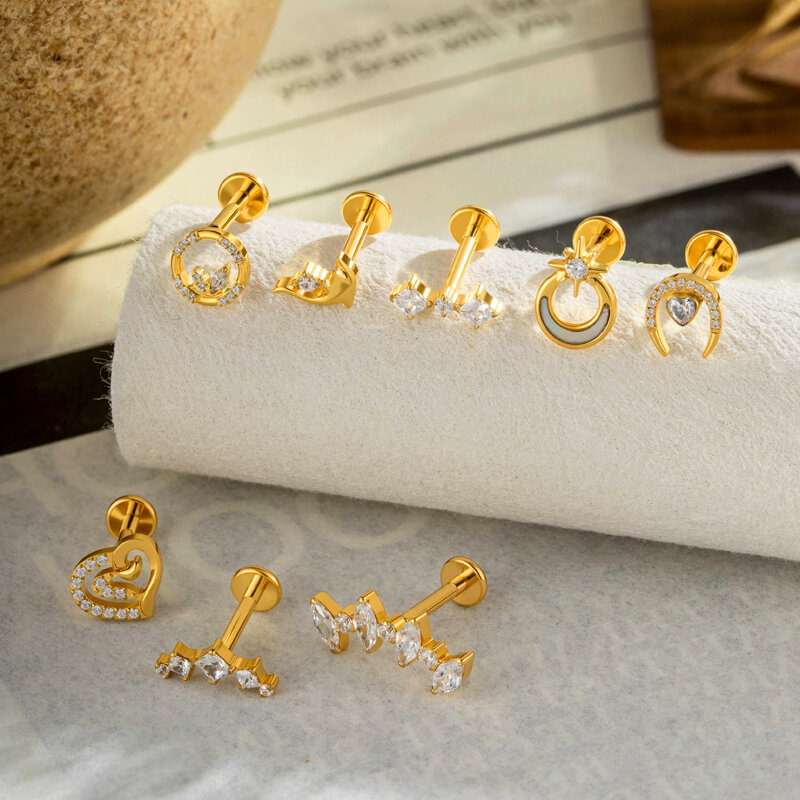 Pendientes sencillos de circonita color oro con forma de corazón para mujer, fabricados en aleación de titanio. h5Imagen4