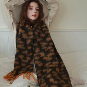 Simple Serisi Retro Leopar Desenli Püsküllü Yün-Polyester Karışımı Kışlık Şallar h5 Resim2