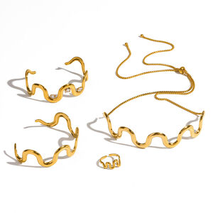 Schlichtes, wellenförmiges Schmuckset aus Edelstahl, wasserdicht, goldfarben mit Strasssteinen, Damenschmuck-Set h5 Bild4