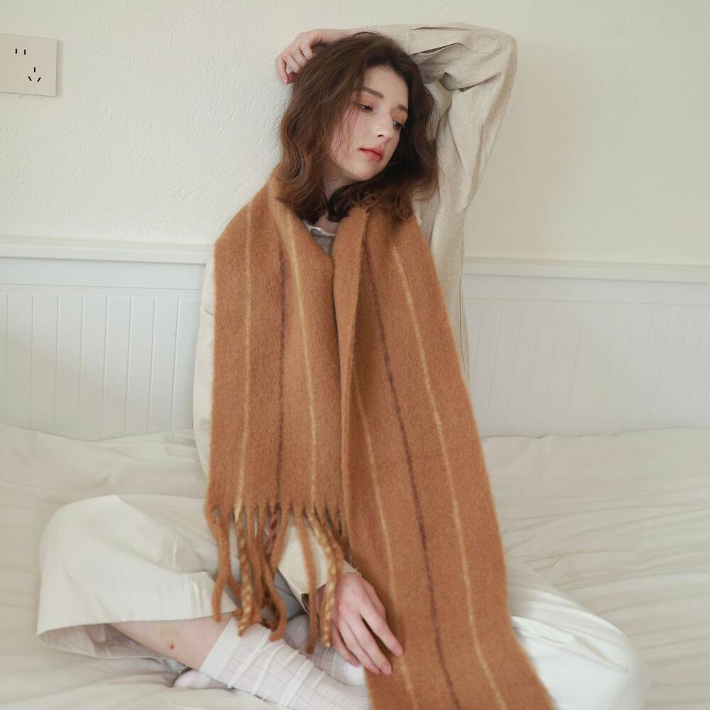 Simple Serisi Günlük Düz Renk Püsküllü Çizgili Yün-Polyester Karışımı Kışlık Şallar Resim4