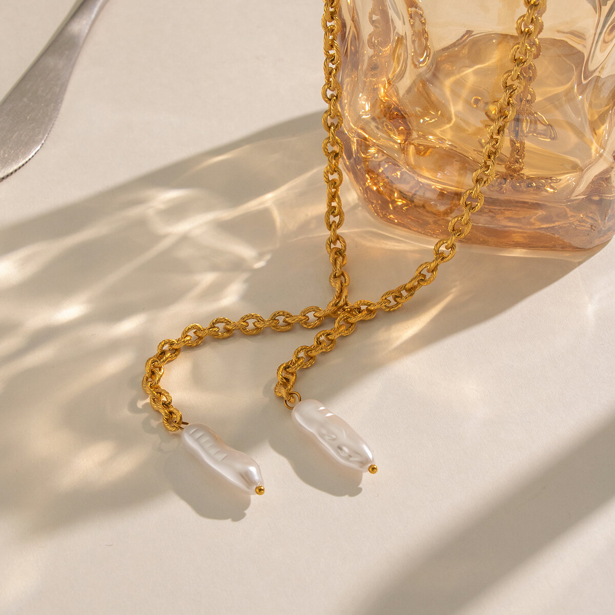 Tassel Stainless Steel Waterproof Gold Color Pearl Women's Pendant Necklaces h5 Picture3