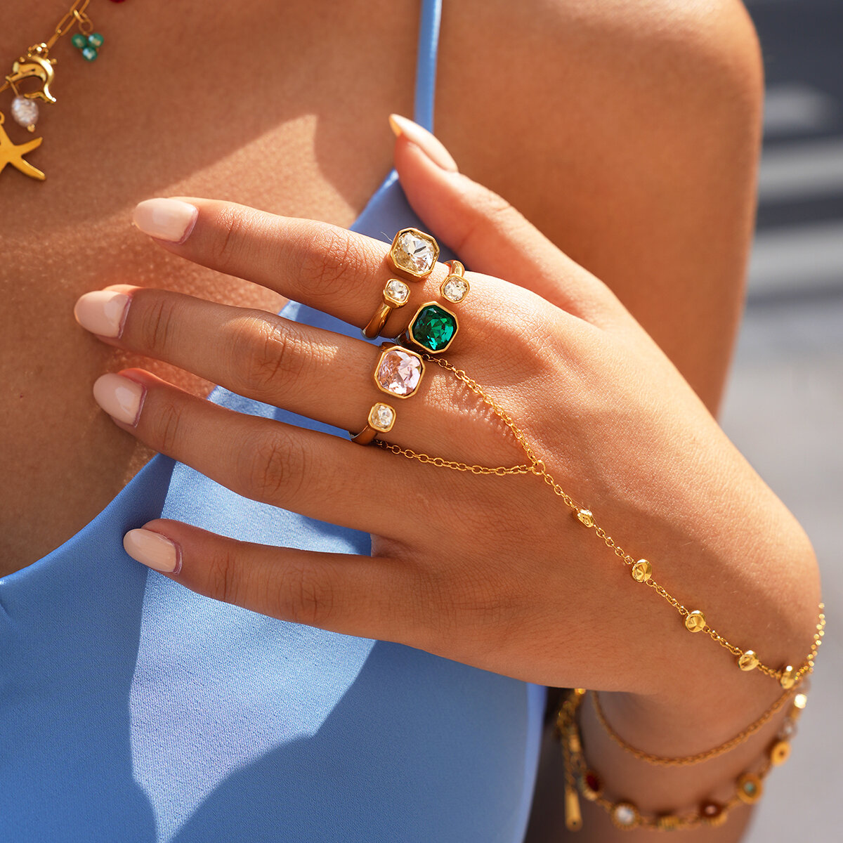 Simple Series Daily Circle Rechteckige Edelstahl Wasserdichte Goldfarbene Ring-Sets