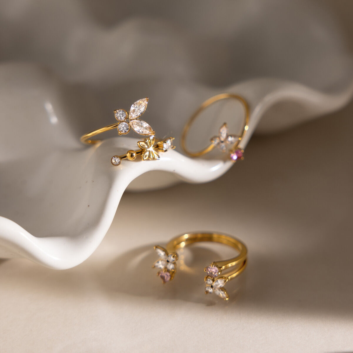 Romantic Series Sweet Butterfly Stainless Steel Waterproof Gold Color Zircon Women's Gemstone Rings h5Picture4