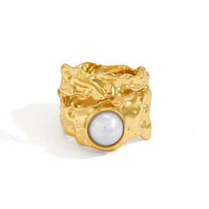Simple Series Casual Irregular Shape Hammer Pattern Stainless Steel Waterproof Gold Color Statement Rings h5 Picture5