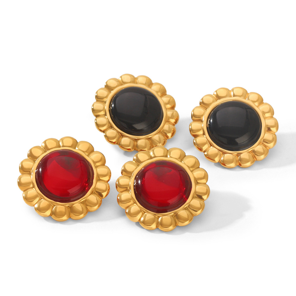 Pendientes Sencillos De Mujer Con Diseño Floral Circular, De Acero Inoxidable, Resistentes Al Agua, Color Dorado Y Piedra Natural. Imagen4