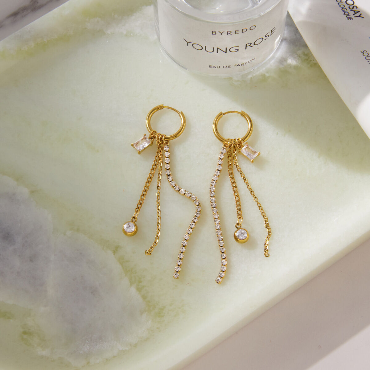 Simple Elegant Tassel Stainless Steel Waterproof Gold Color Zircon Women's Dangle Earrings h5Picture3