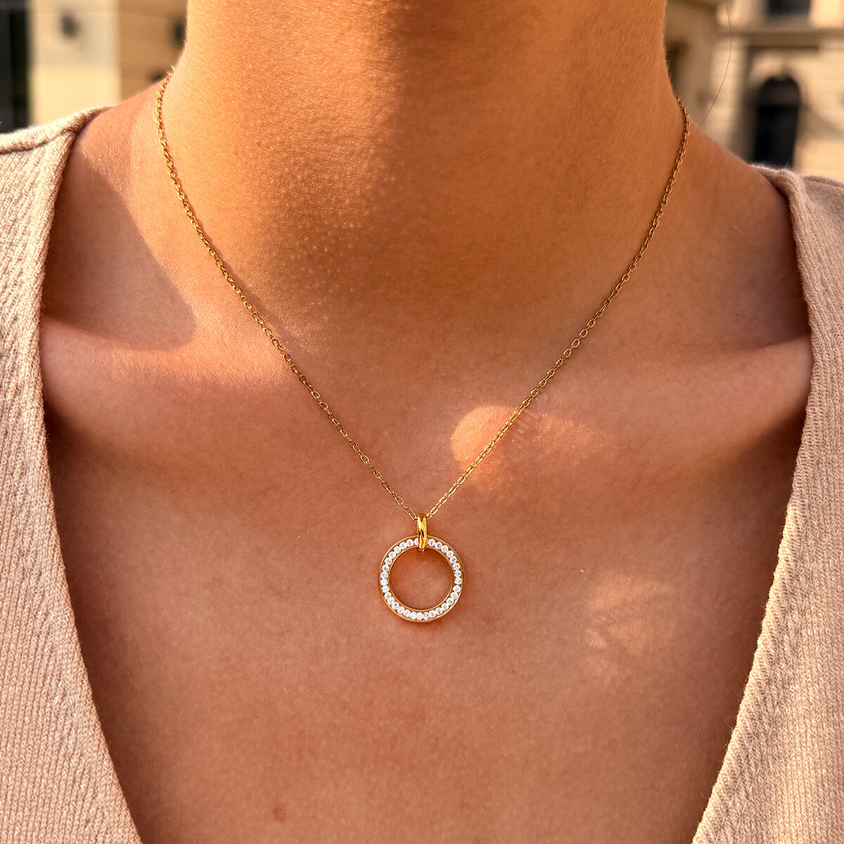 Simple Series Daily Circle Stainless Steel Waterproof   Gold Color  Zircon Women's Chain Necklaces 2