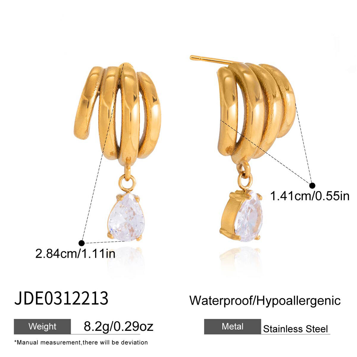 Daily Droplet Irregular Shape Lines Stainless Steel Waterproof   Gold Color  Zircon Women's Drop Earrings 