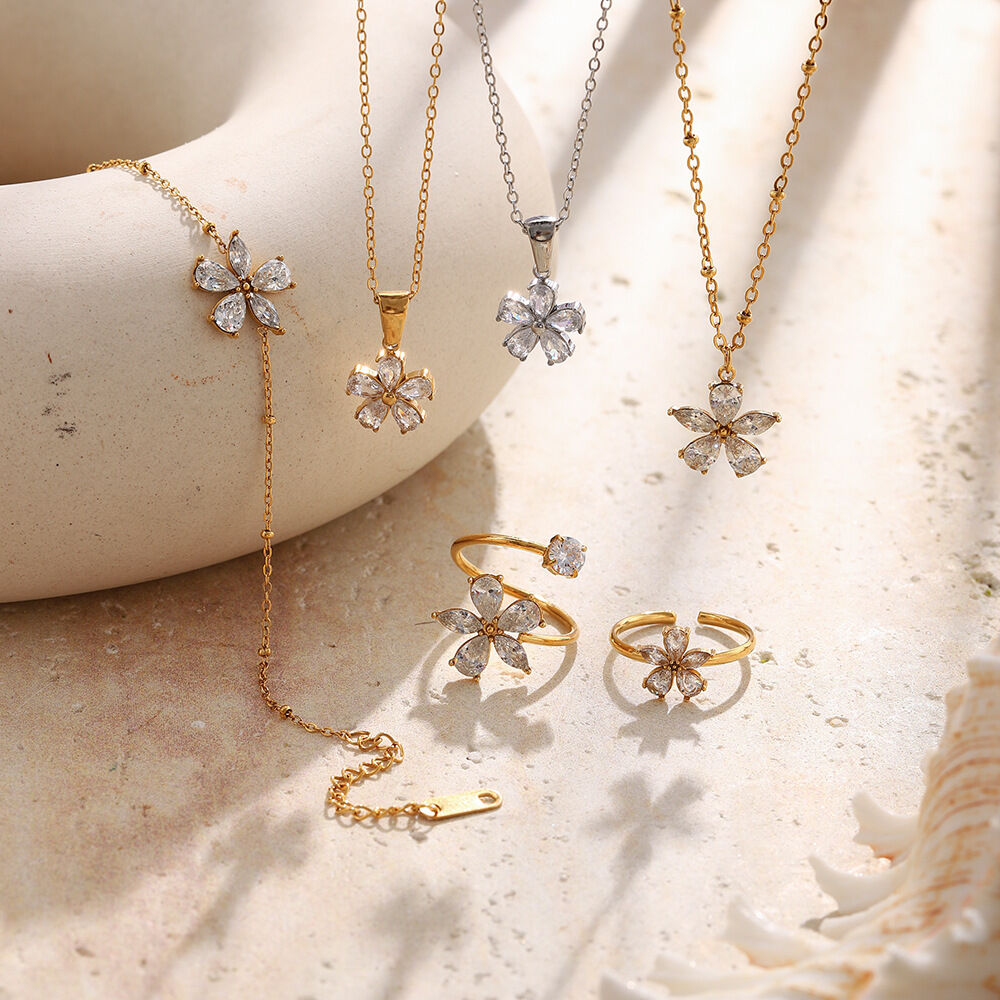 Romantic Series Sweet Flower Stainless Steel Waterproof Gold Color Zircon Women's Necklaces Sets