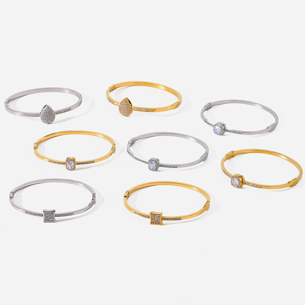 Luxurious Series Elegant Geometric Shape Stainless Steel Waterproof Gold Color Rhinestone Zircon Women's Bangles h5Picture4