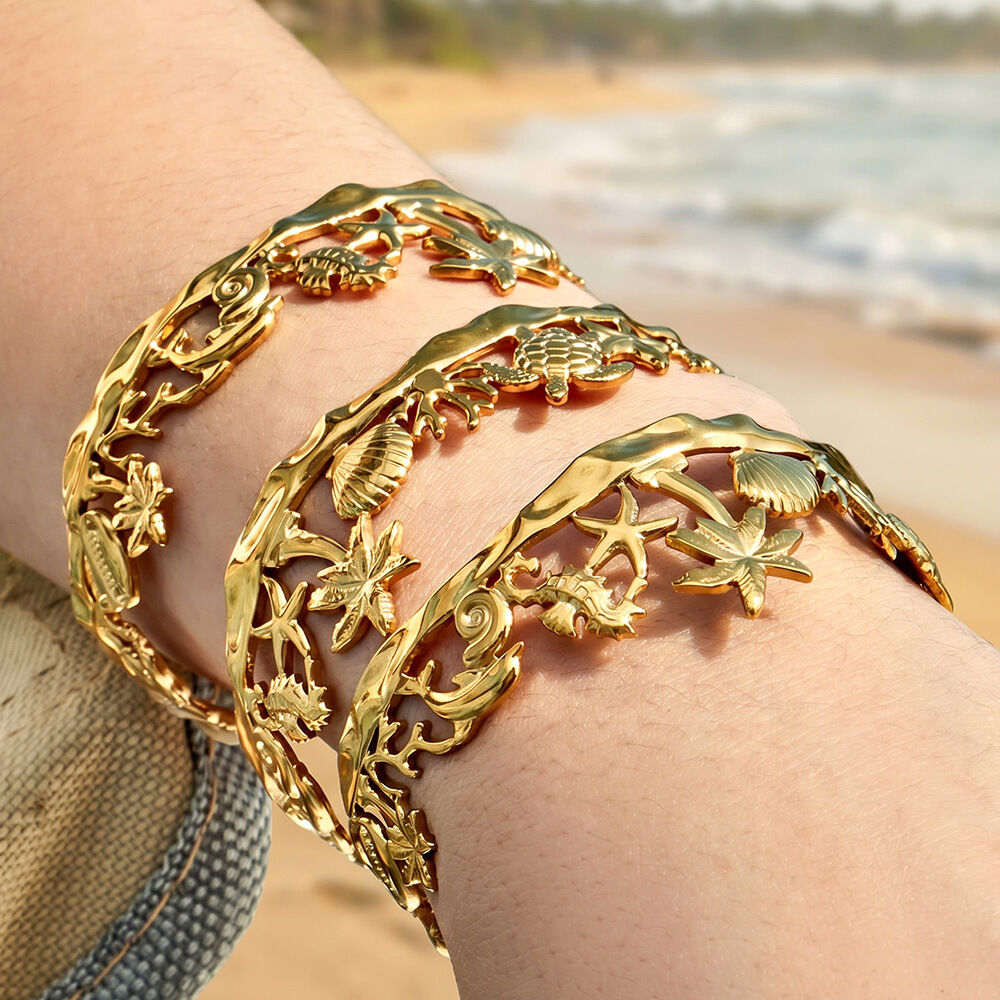 Vacation Oceanic Style Shell Stainless Steel Waterproof Gold Color Women's Cuff Bracelets h5 Picture2