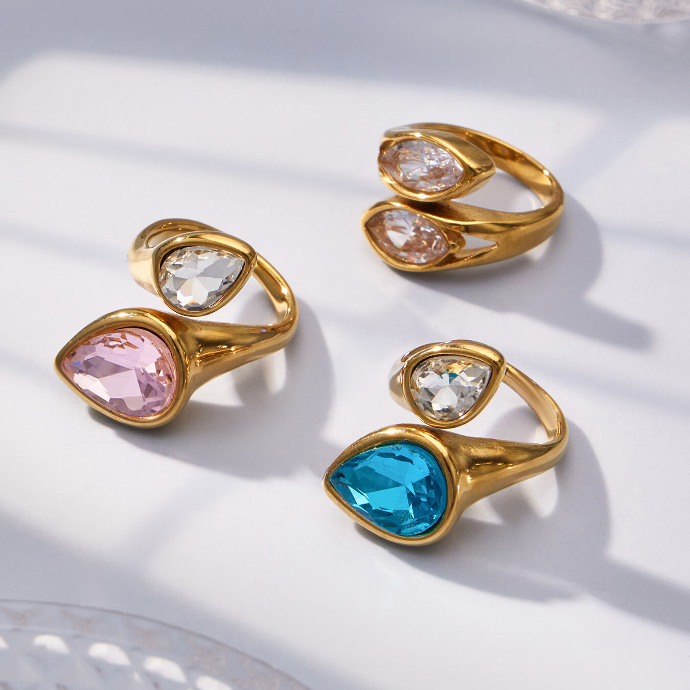 Luxurious Simple Droplet Stainless Steel Waterproof Gold Color Zircon Glass Women's Gemstone Rings h5 Picture2