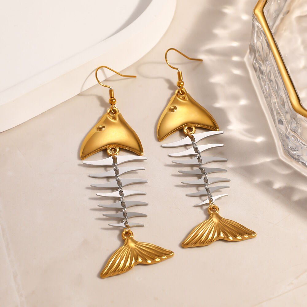 Cute Fish Mixed Gold Color And Silver Colors Stainless Steel Waterproof Gold Color Women's Dangle Earrings h5Picture2