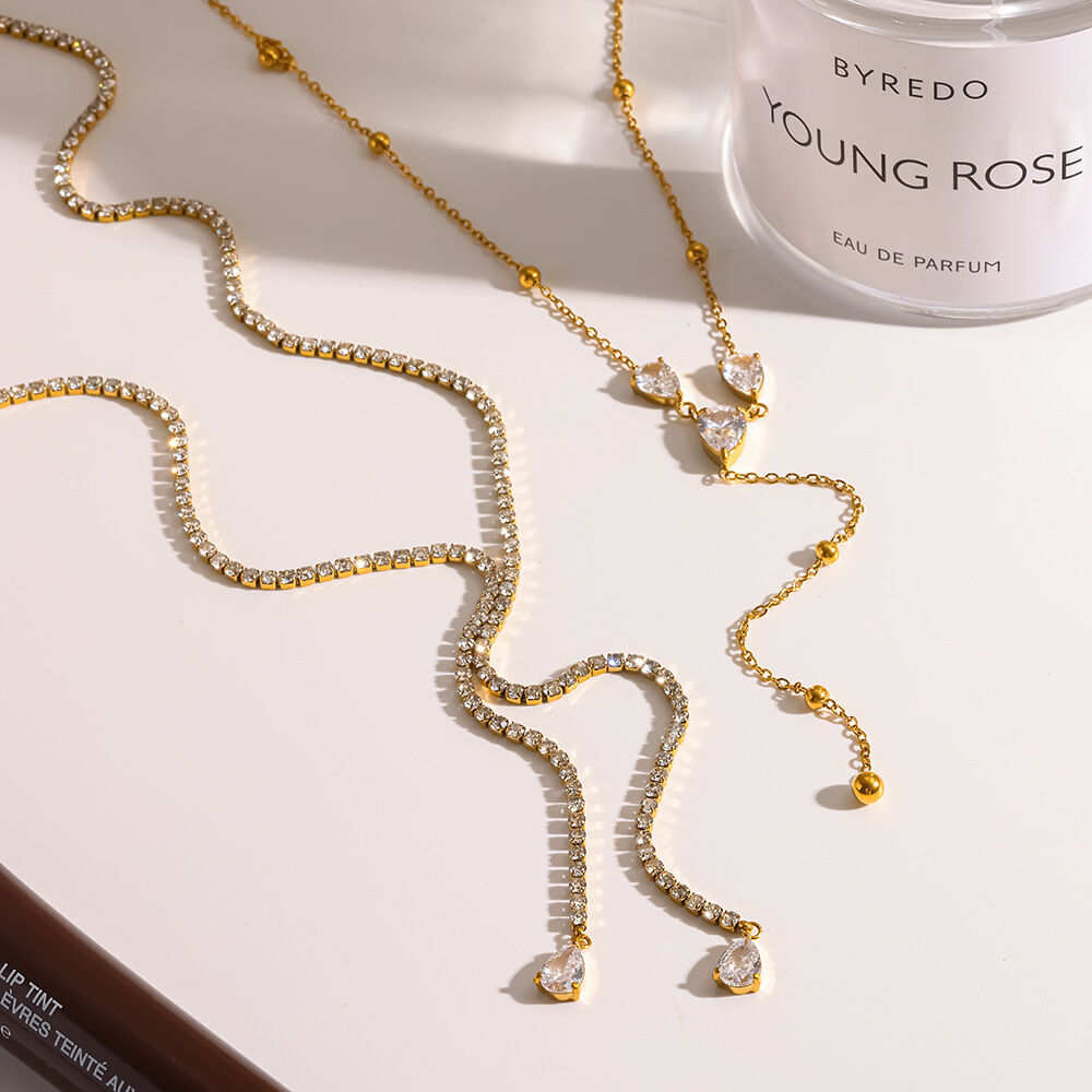 Luxurious Elegant Droplet Stainless Steel Waterproof Gold Color Zircon Women's Pendant Necklaces
