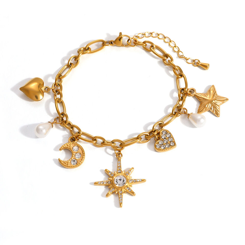 Simple Series Retro Sun Star Moon Stainless Steel Waterproof Gold Color Women's Charm Bracelets h5 Picture4