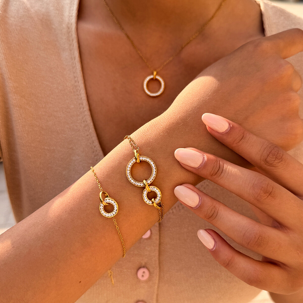 Simple Series Daily Circle Stainless Steel Waterproof   Gold Color  Zircon Women's Chain Necklaces