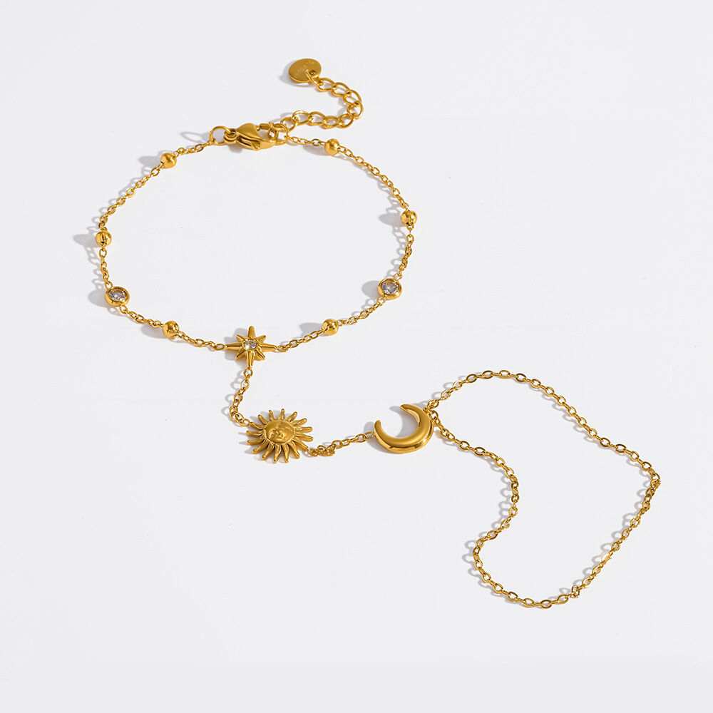 Handkette aus Edelstahl, wasserdicht, goldfarben, mit Sonnen-, Stern- und Mondmotiven sowie Zirkonia-Motiv, Damenhandgelenkkette h5Bild4