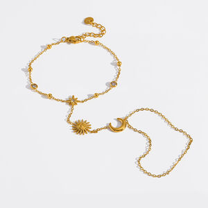 Handkette aus Edelstahl, wasserdicht, goldfarben, mit Sonnen-, Stern- und Mondmotiven sowie Zirkonia-Motiv, Damenhandgelenkkette h5 Bild4