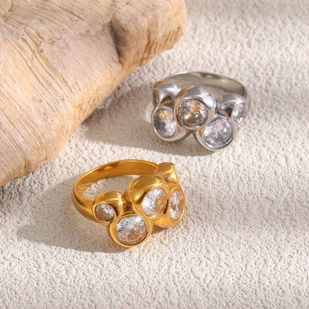 Luxurious Series Elegant Circle Stainless Steel Waterproof Gold Color Zircon Women's Gemstone Rings