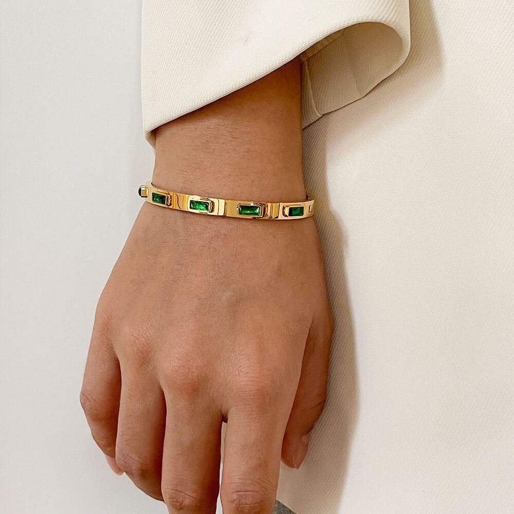 Luxurious Series Simple Rectangle Stainless Steel Waterproof Gold Color Zircon Women's Bangles h5Picture2
