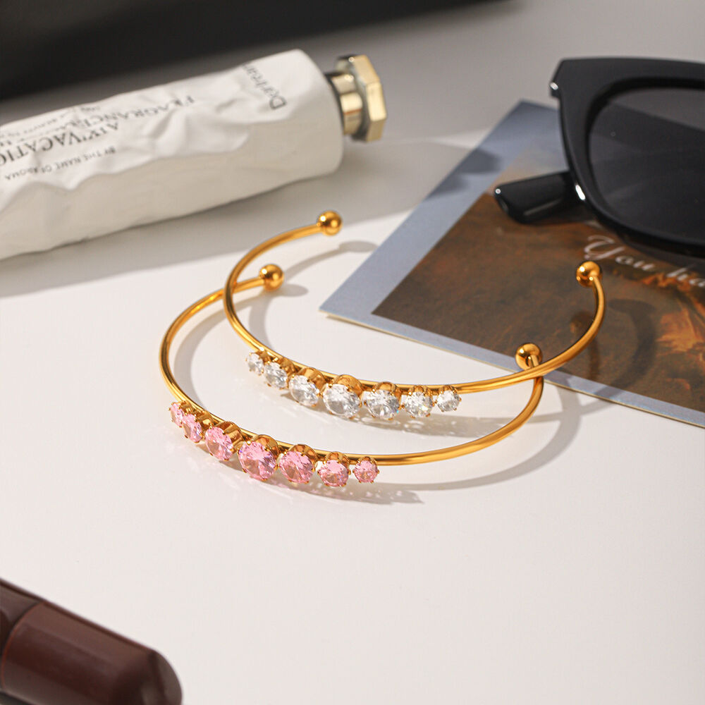 Simple Series Daily Lines Stainless Steel Waterproof Gold Color Zircon Women's Bangles h5Picture5