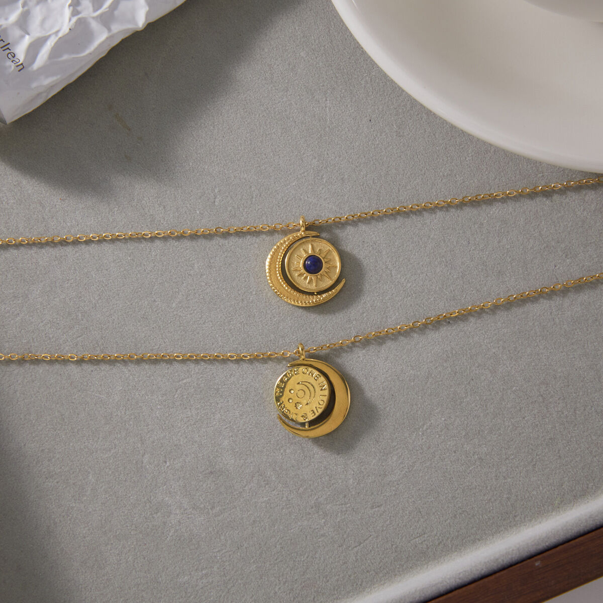 Retro Sun Moon Stainless Steel Waterproof Gold Color Natural Stone Women's Pendant Necklaces