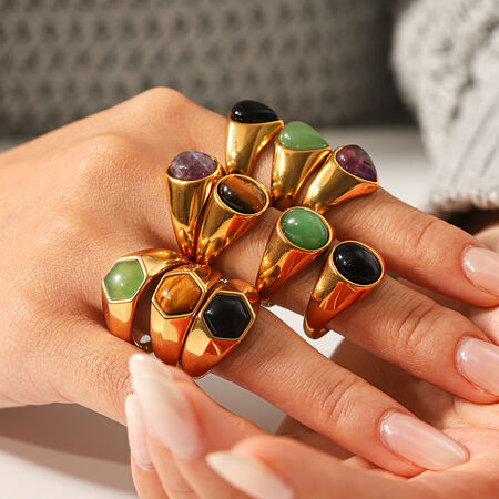 Retero Heart Stainless Steel Waterproof Gold Color Natural Stone Women's Gemstone Rings