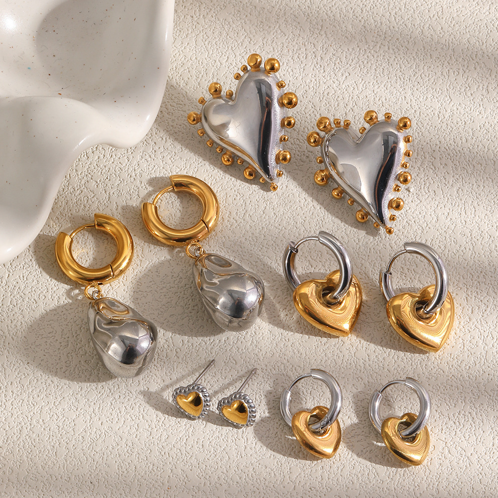 Elegant Heart Mixed Gold Color And Silver Colors Stainless Steel Waterproof Gold Color Women's Stud Earrings h5Picture2
