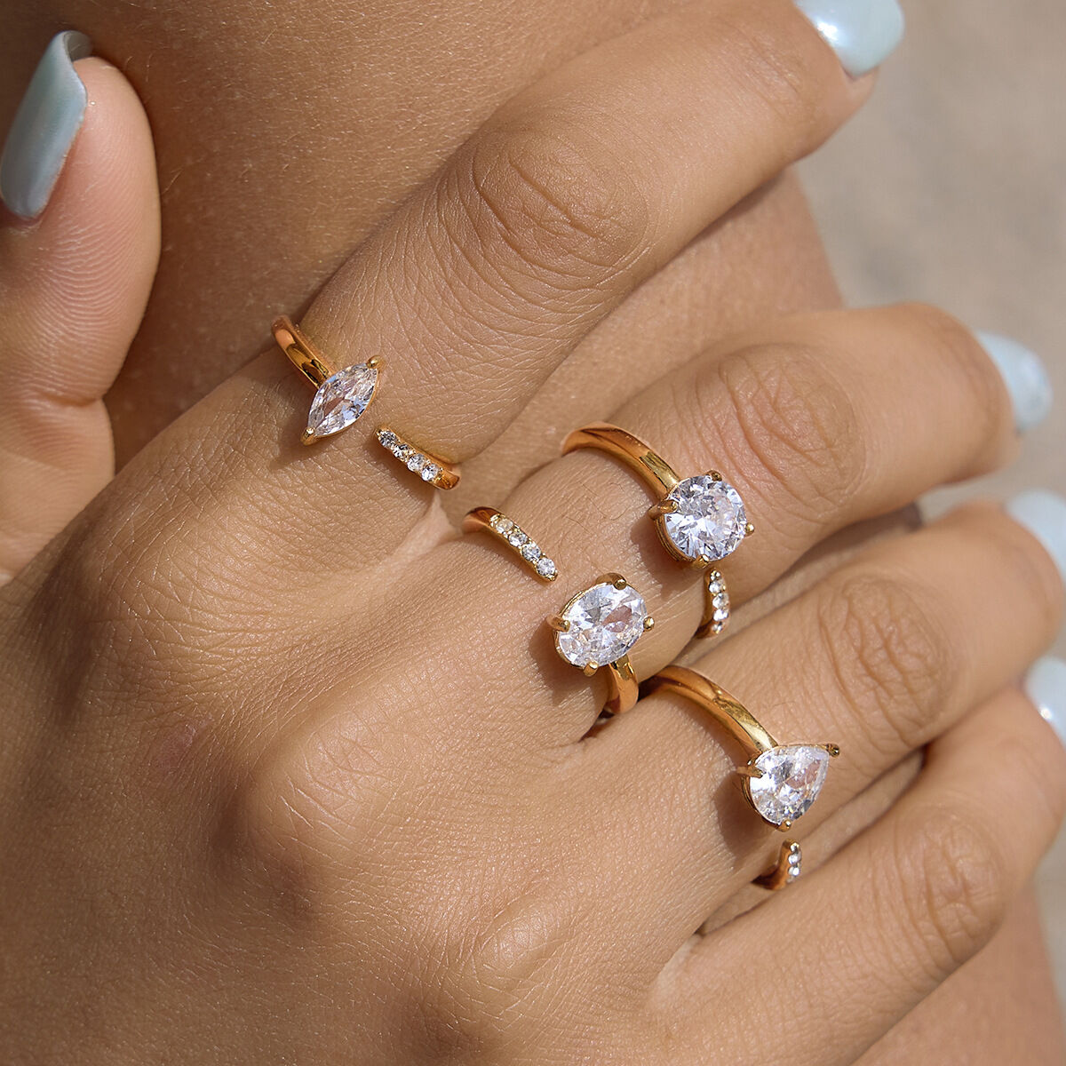 Luxurious Simple Geometric Shape Stainless Steel Waterproof Gold Color Zircon Women's Gemstone Rings