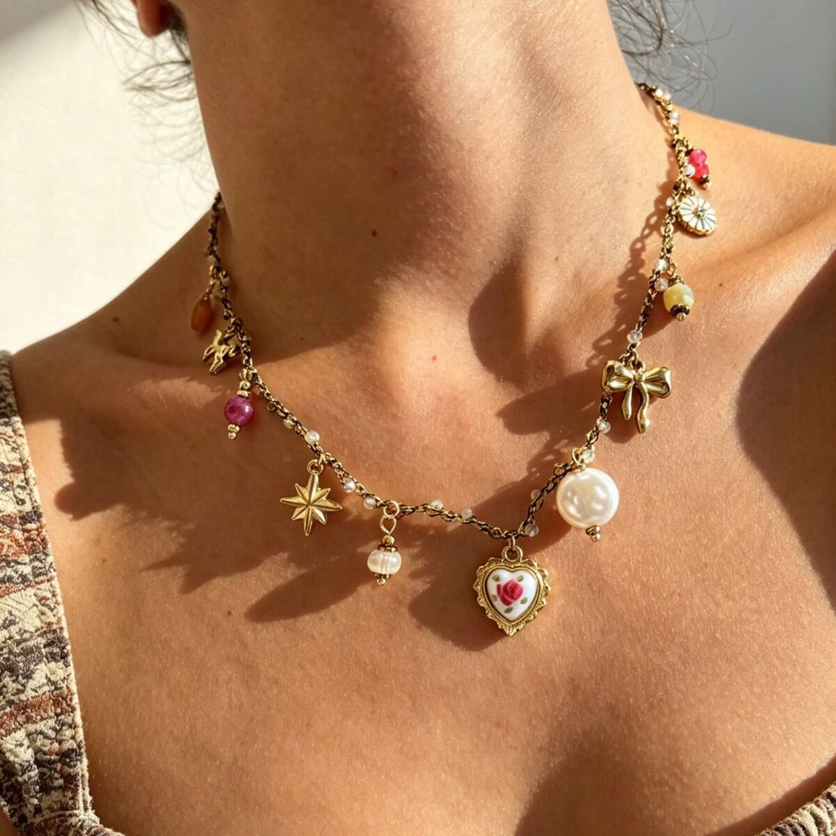 Romantik Seri Retro Kalp Örgülü Halat Altın Renk İnci Kadın Kolye Ucu