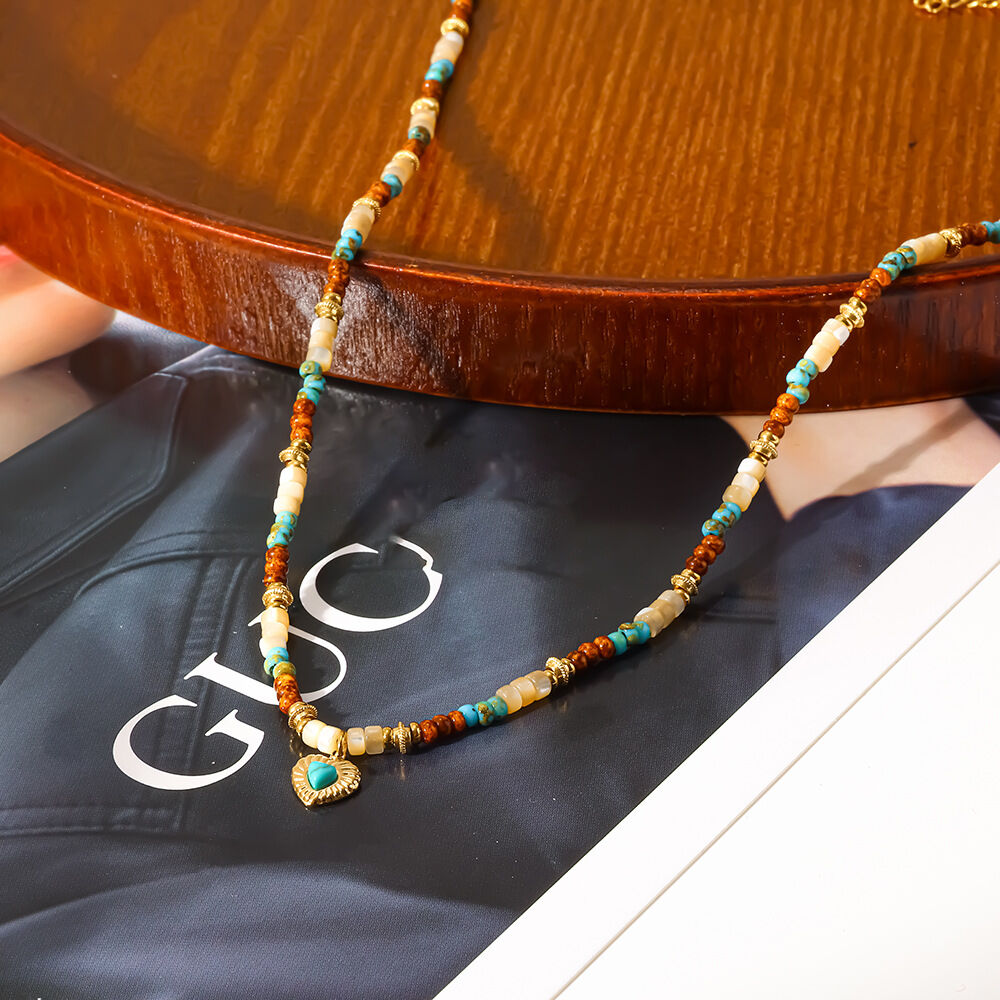 Classic Series Retro Beading Heart Gold Color Natural Stone Women's Pendant Necklaces h5 Picture3