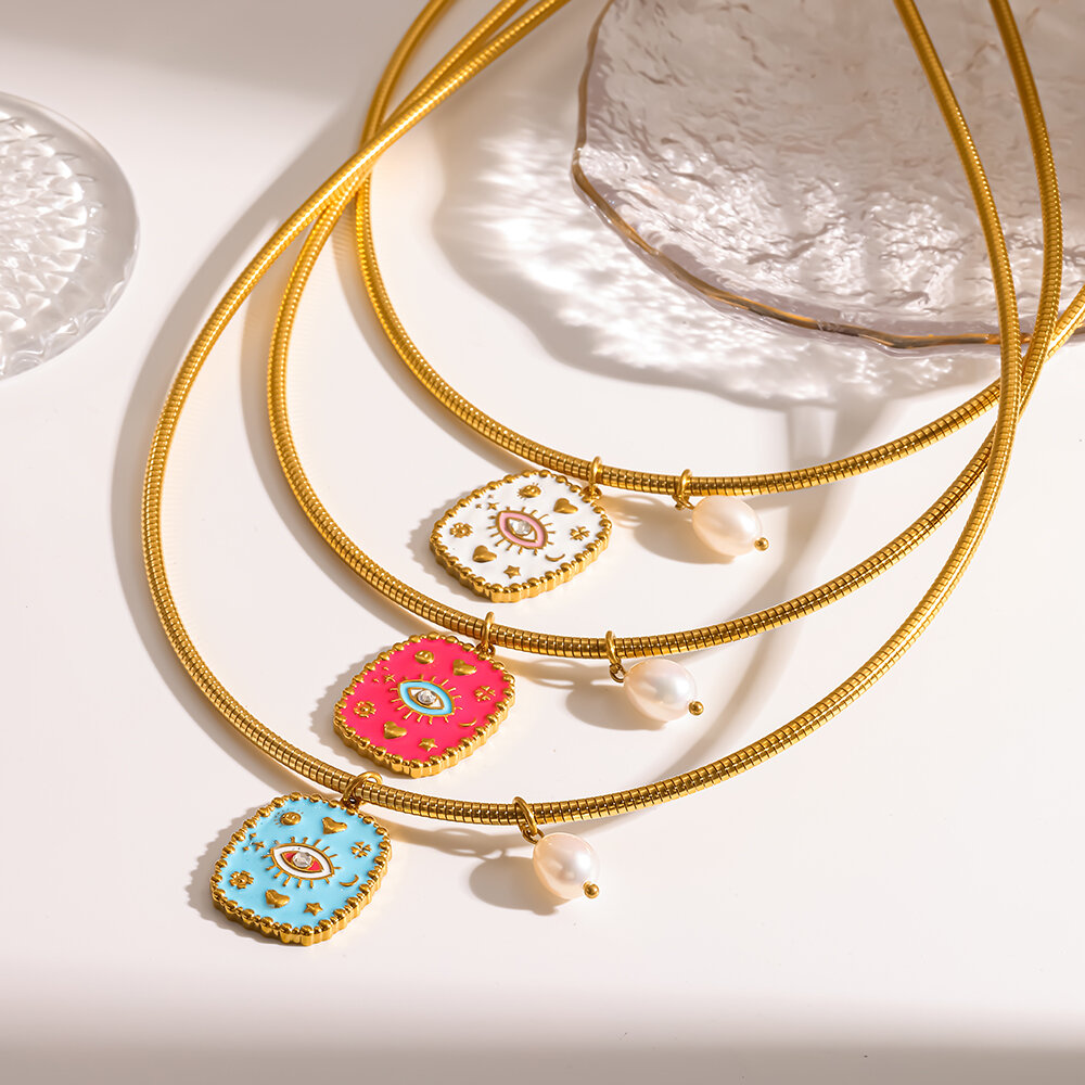 Enamel Devil's Eye Stainless Steel Waterproof Gold Color Women's Pendant Necklaces