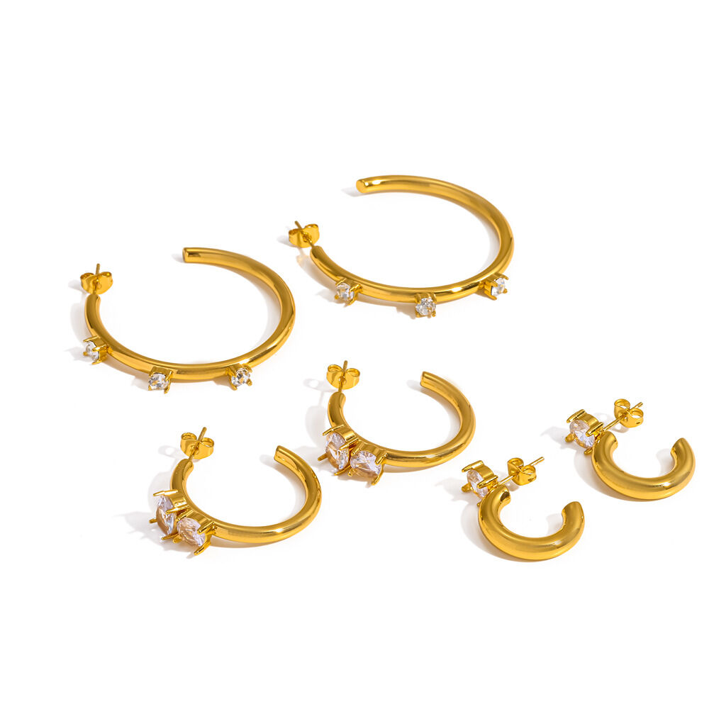 C-shape Stainless Steel Waterproof Gold Color Rhinestone Women's Stud Earrings Picture4